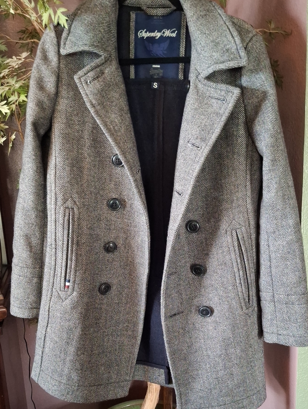 Gorgeous Vintage Superdry  Signature Herringbone Peacoat Jacket - Gray - S